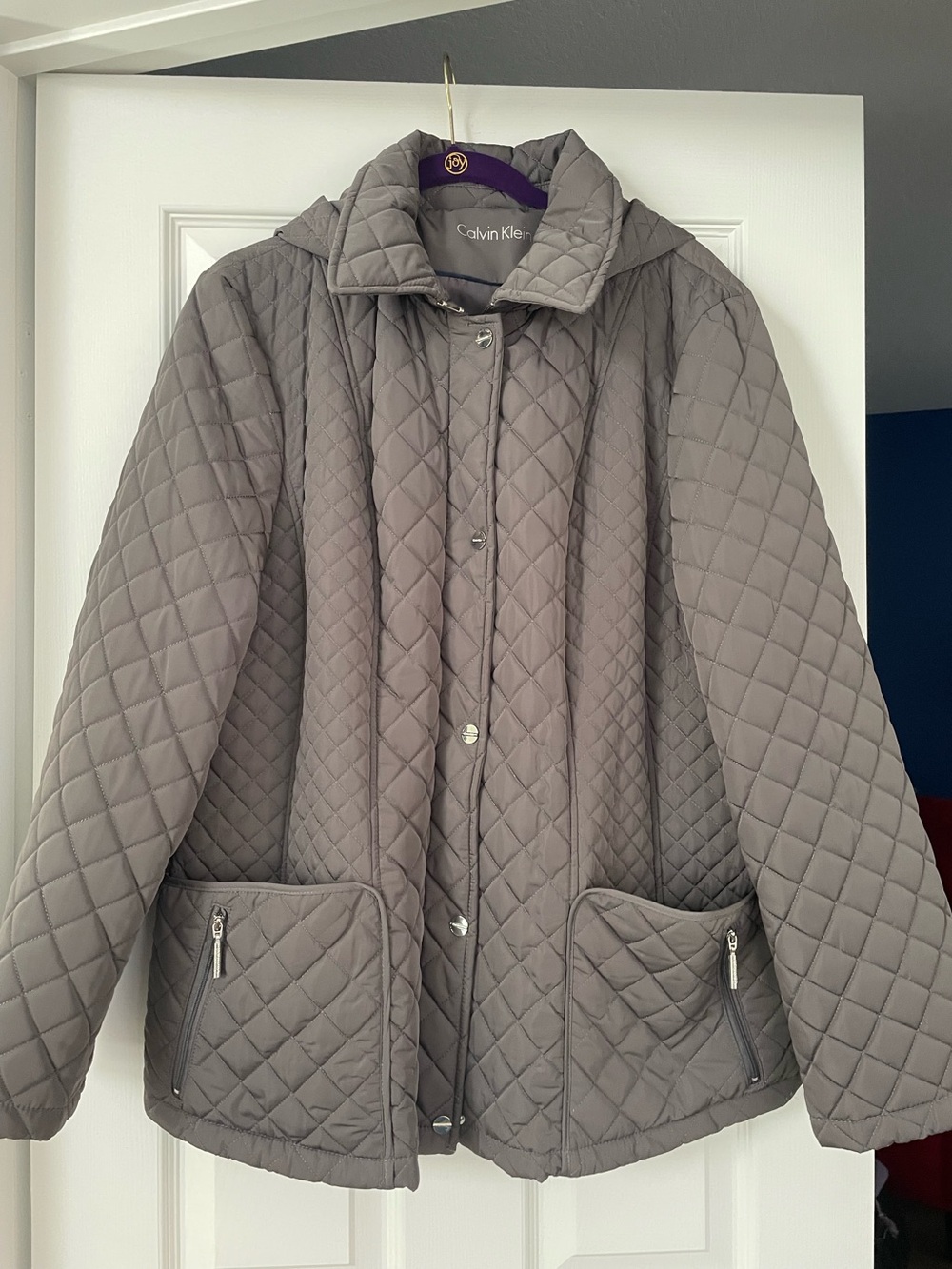 Calvin Klein Quilted Light Gray Hooded Jacket, Zip Pockets